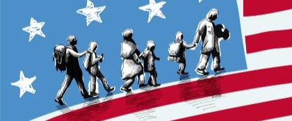 Migrants running past US flag